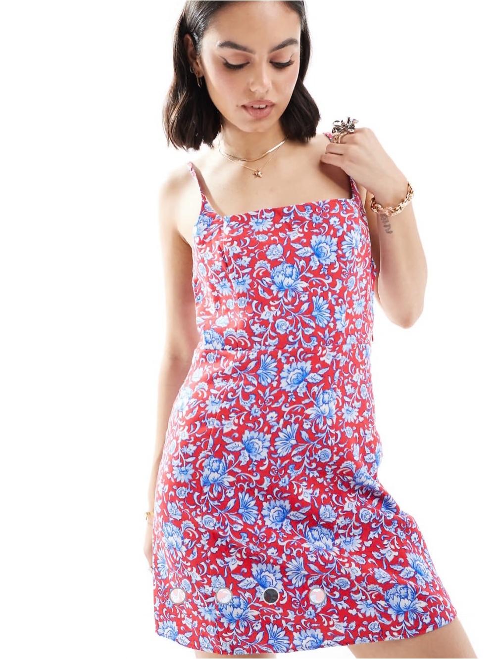 Mango MNG Floral Cutout Back Mini Dress Red Blue Size 8